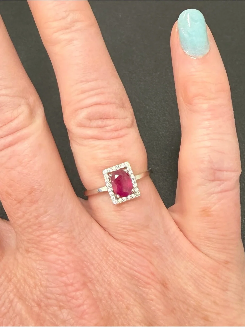 Stunning Natural Red Ruby .90CT w/ Rectangle Halo 925 Sterling Silver Sz 6.75